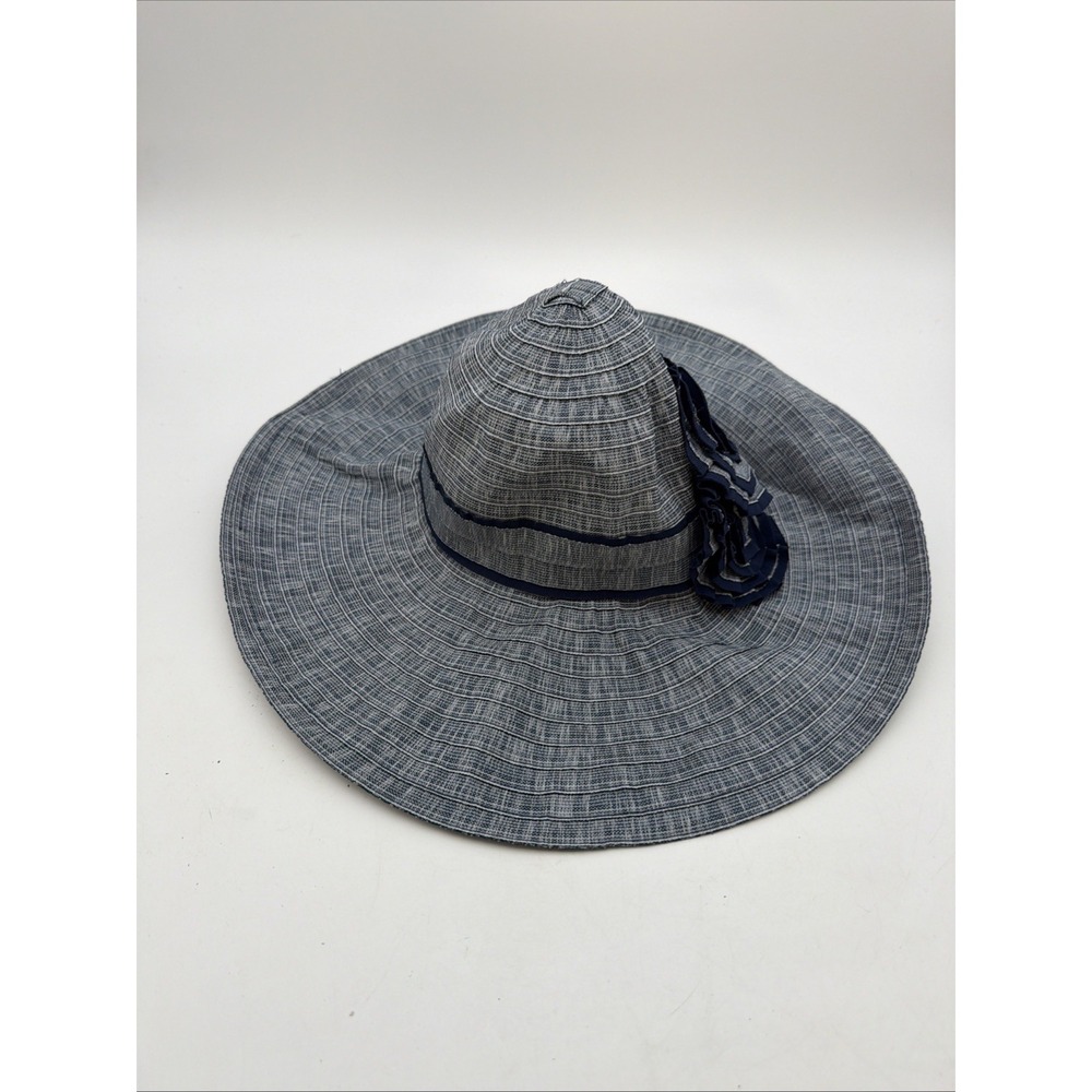 wide-brim blue and grey woven sun hat